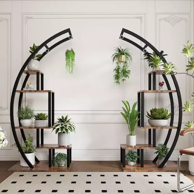 5-Tier Tall Metal Indoor Plant Stand,Half-Moon Garden Plant Holder with 4 Hanging Hooks,Round Flower Shelf Rack for Home,Balcony,Living Room & Garden