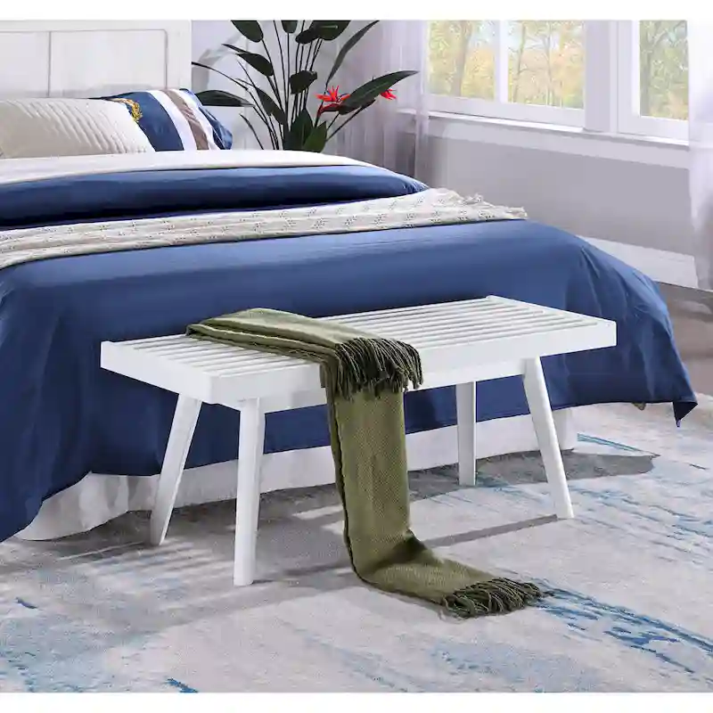 Roundhill Furniture Larwich Solid Wood Slatted Bench, White - 41.30W x 16.50D x 17.50H
