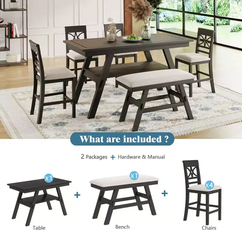 Whisen Rustic 6-Piece Counter Height Dining Table Set with Bench and 4 Upholstered Chairs