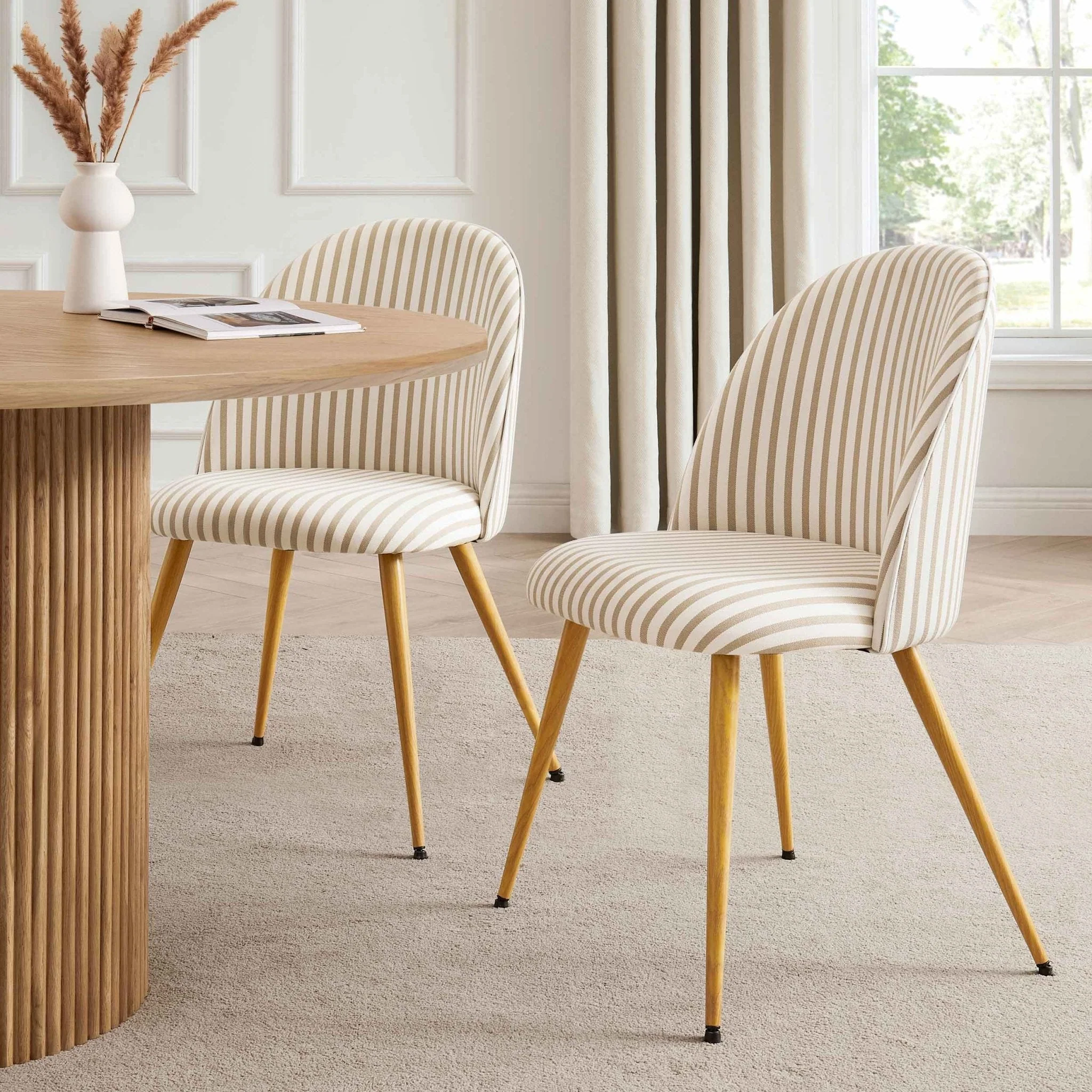 Boho Natural Stripe Woven Dining Chair with Black Metal Legs for Dining Room