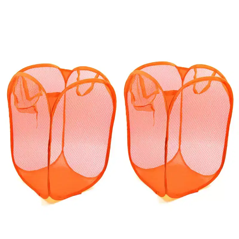 Unique Bargains Mesh Bag Foldable Dirty Clothes Storage Laundry Basket Organizer Orange 2 Pcs