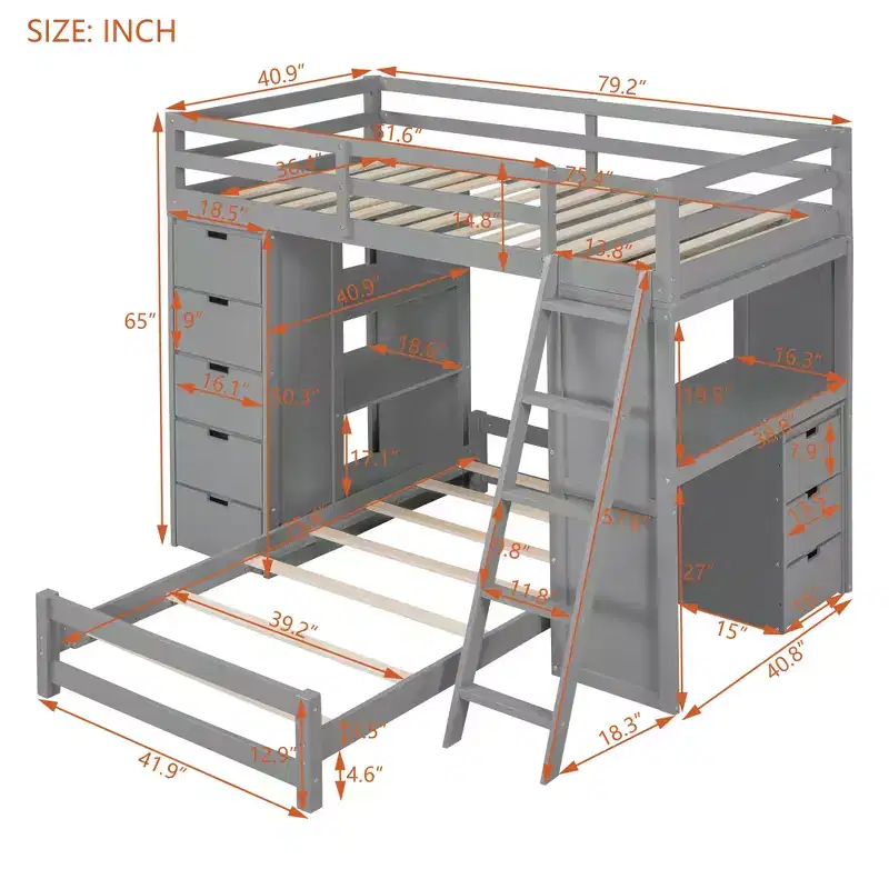 Twin over Twin Separable Bunk Beds with Desk, Drawers, USB Ports and LED Light for Kids & Teens
