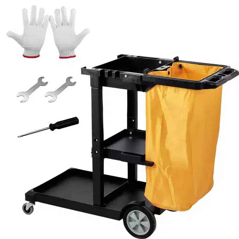 VEVOR Cleaning Cart, 3-Shelf Commercial Janitorial Cart, 200 lbs Capacity Plastic Housekeeping Cart, with 25 Gallon PVC Bag