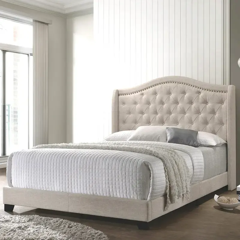 Beige Demi-Wing Button-Tufted Upholstered Bed with Nailhead Trim and Black Wood Legs – Toddler, Twin, Twin XL, Full, Queen or King