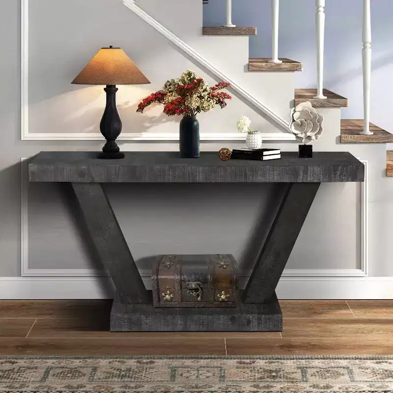 Okak 60IN Vintage Console Table 2-Tier Solid Wood Veneer, Entryway Table with Strong Legs and Thick Base, Hallway Table for Living Room
