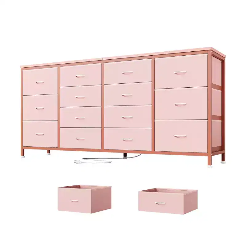14 Drawer Dresser, 63 Inch Black Fabric Dresser TV Stand with Power Outlet for 65 70 75 Inch TV, Long Entertainment Center for Bedroom, Closet