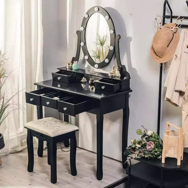 Modern Makeup Vanity, Girls Vanity Set with Lighted Mirror and Cushioned Stool,Make Up Table with 5 Drawers for Bedroom, Dressing Table for Kids Women