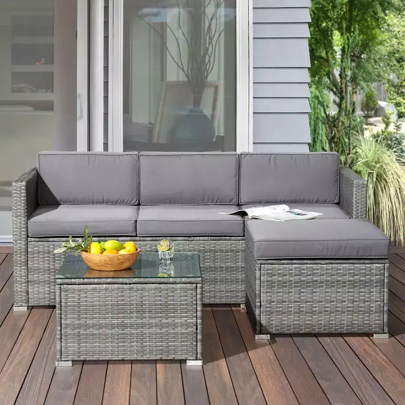 Patio Furniture Set  3-Piece Rattan Outdoor Sofa, Ottoman, and Table Combo for Deck, Pool, Sunroom or Backyard Furniture by Lavish Home (Gray/Blue)