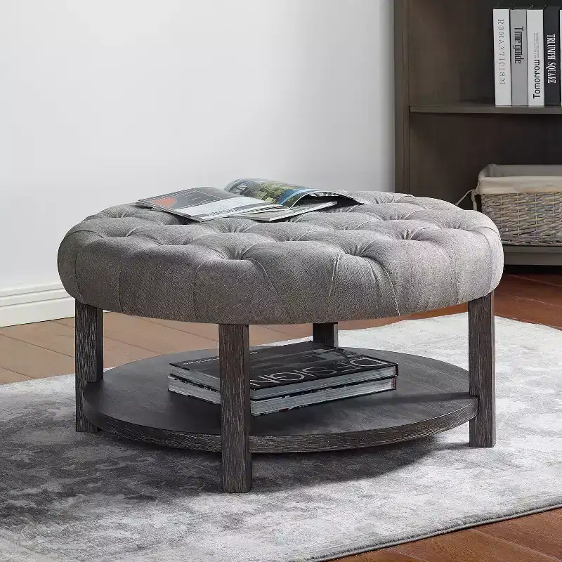 Round Button Tufted Storage Ottoman, Antique Washed Gray, 36