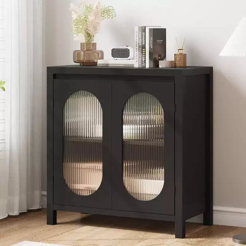 Coolmee Sideboard Cabinet for Living Room & Dining Room - Black Accent Storage with Adjustable Shelves & Glass Doors, Small Console Cabinet