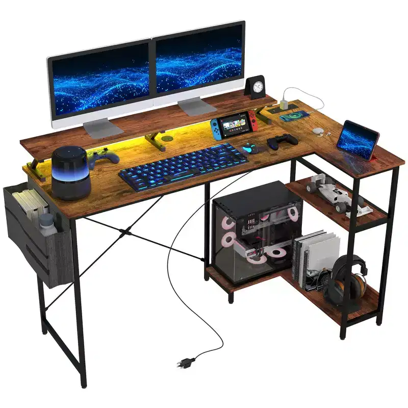 L Shaped Computer Desk with Charging Station and RGB Lights Reversible Home Office Desk