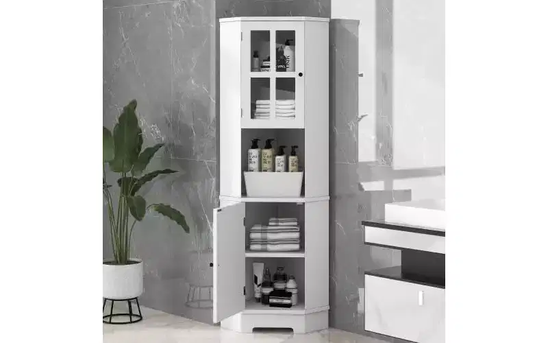 MDF Bathroom Corner Cabinet with Glass Doors, Open & Closed Storage, Adjustable Shelves, Anti-Tip Design, Space-Saving Right Angle, White