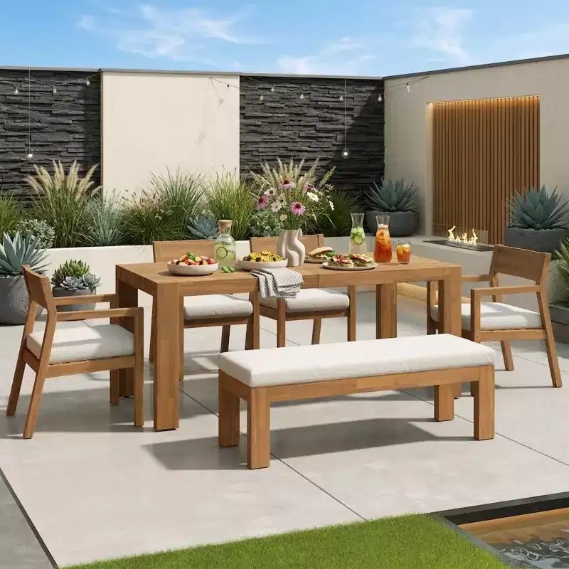 Polibi 6-Seat Acacia Patio Dining Set with Umbrella-Hole Table, Cushioned Bench & 4 Armchairs