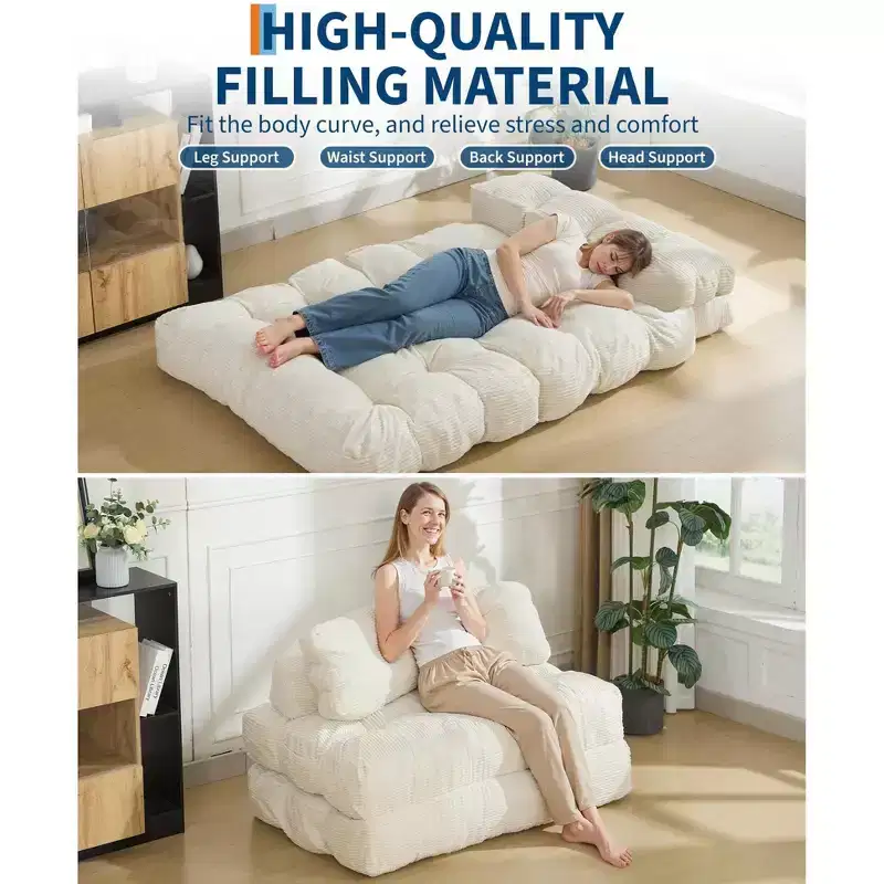 Folding Floor Couch Guest Bed, Comfy Floor Single Chair Lounge, Portable Convertible Lounger with Pillow & Back Support for Living Room Bedroom
