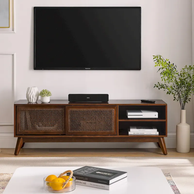 59 TV Stand with Open Shelves & Rattan Doors for 65 TVs