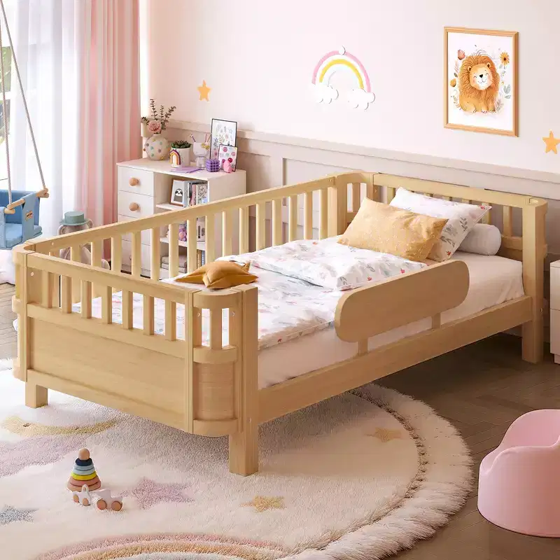 Modern Wood Platform Bed with Detachable Guardrails for Kids, Flexible Open/Enclosed Modes