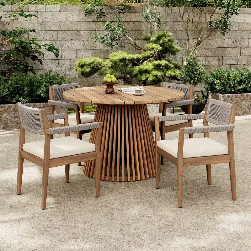 Round Pedestal Outdoor Dining Set, 5-Piece Acacia Wood Table with Slatted Top and 4 Woven Back Chairs with Cushions for Patio-Panipeachy
