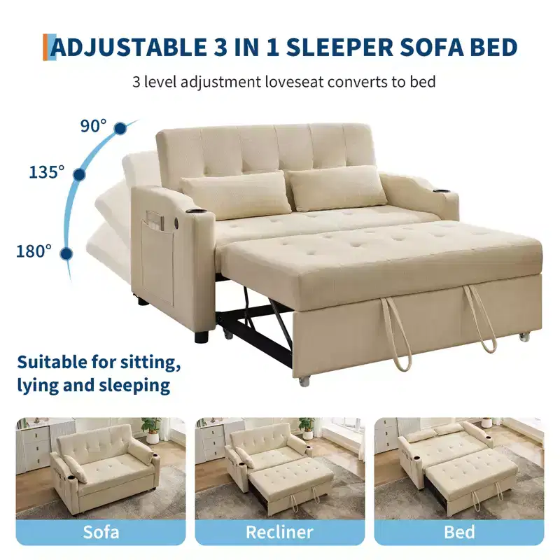 3 In 1 Convertible Sleeper Sofa Bed, Corduroy Couches with Pull-Out Bed, Adjustable Backrest, Charging Port , Modern Sofa for Living Room