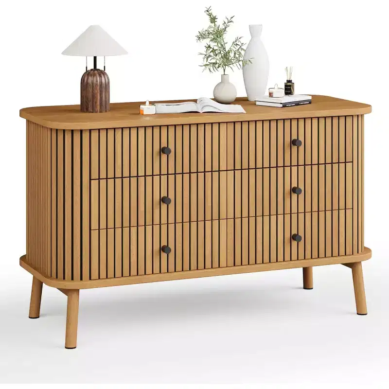 6 Drawer Dresser for Bedroom, Chests of Double Drawers, Boho Wooden Dresser with Black Handles, Beside Table for Closet, Living Room