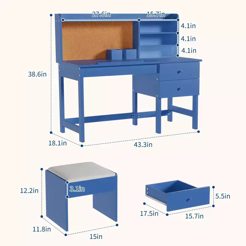 Acekool Kids Desk and Chair Set, Adjustable Tilt Study Desk with Drawers & Cork Board, for Ages 3-8, White/Pink/Blue