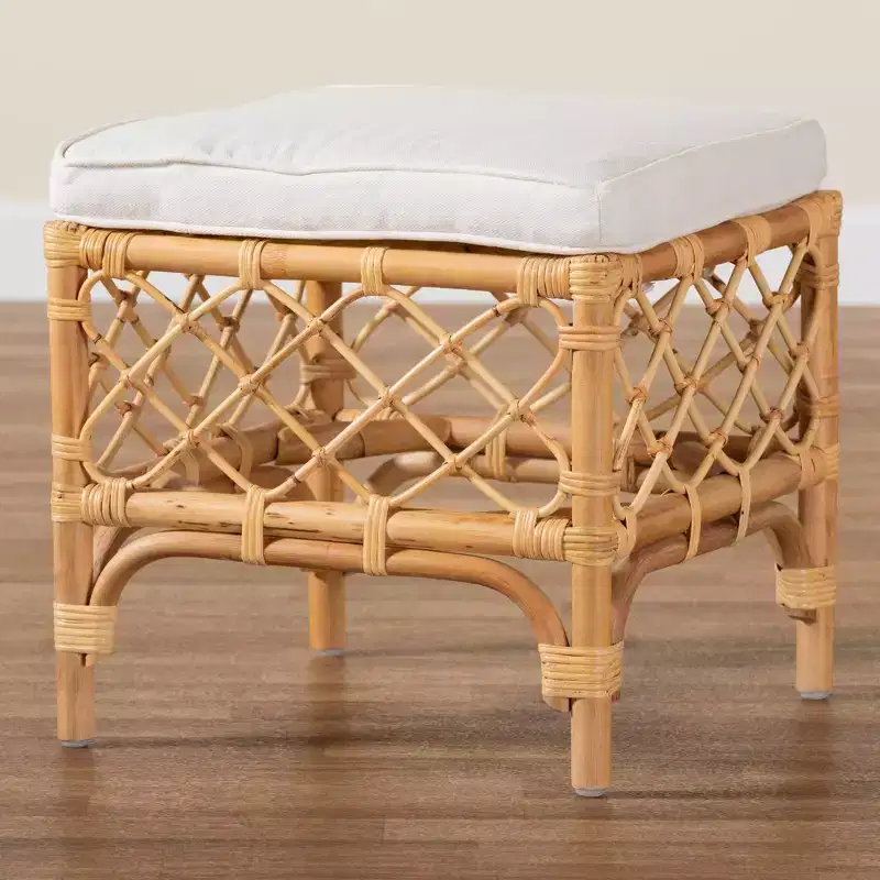 Fabric Upholstered and Rattan Ottoman White/Natural : Comfortable Seating, No Assembly Required