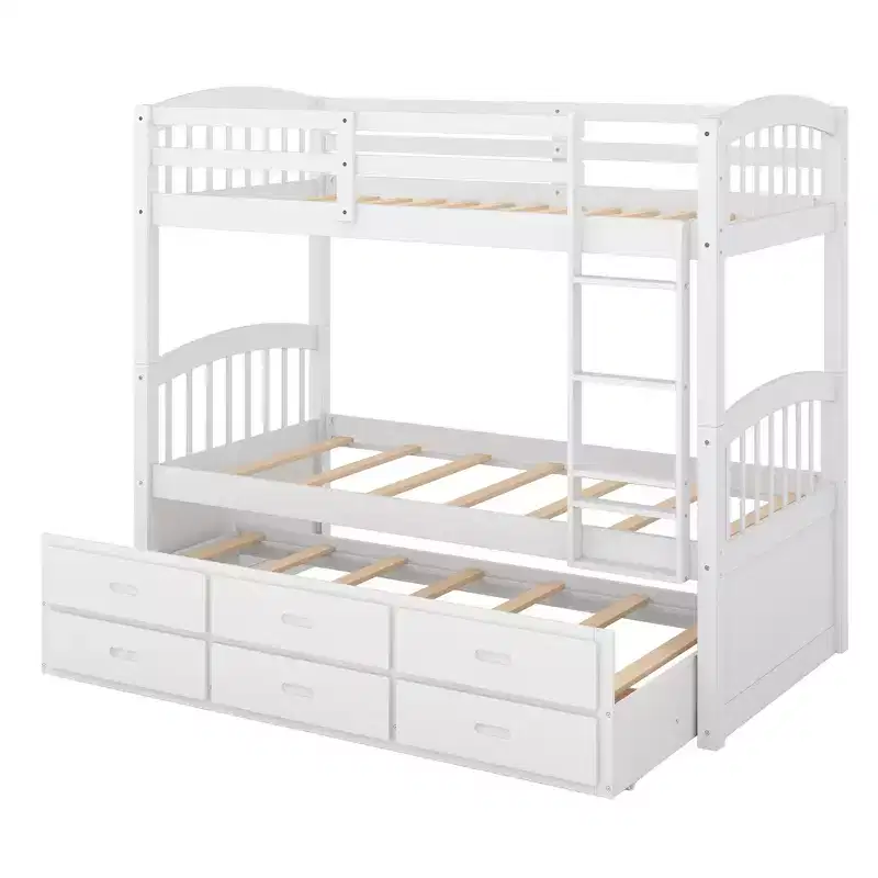 Wood Twin over Twin Bunk Bed with Ladder, Trundle & Drawers
