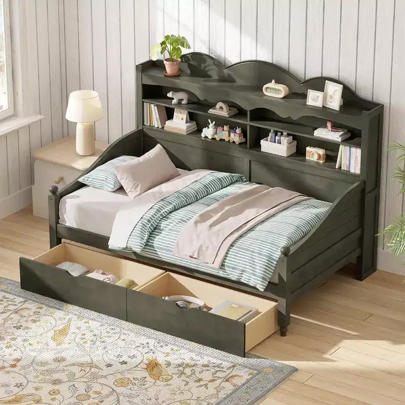 Twin Daybed with Storage Drawers and Headboard Shelves, Wooden Day Bed Frame, Antique Grey