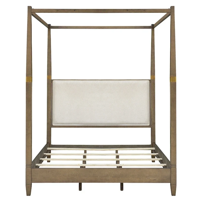 Queen Canopy Bed Frame, Solid Wood, Upholstered Headboard, Gold Metal Cuffs, Slat Foundation, 86.75W x 63.25D x 80H in