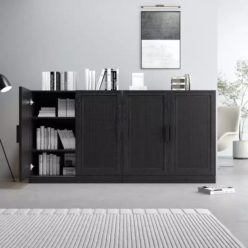 31x62x16 Wood Grain Buffet Cabinet in Black, Storage Organizer with Adjustable Shelves and Rattan Doors for Kitchen Bedroom Living/Dinning Room