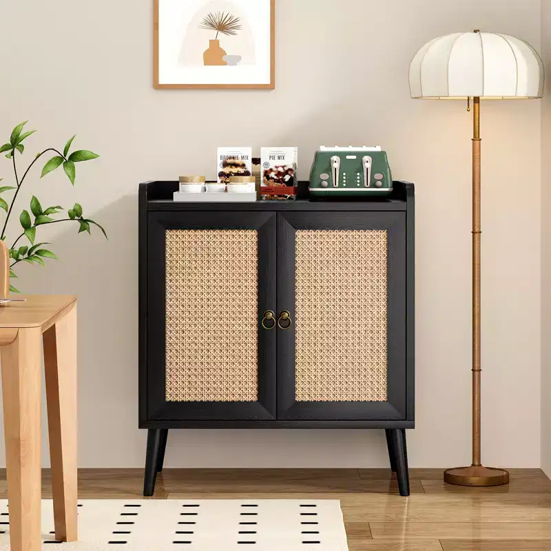 Sideboard Buffet Cabinet with Storage, Bar Liquor Cabinet with Rattan Decorated Doors, Credenza Console Table - Black