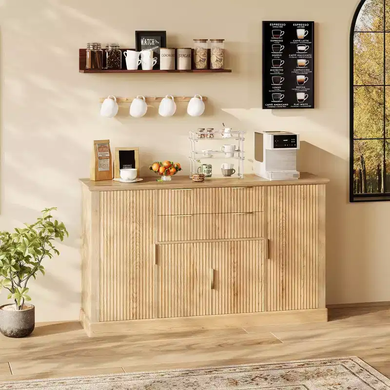 58''Farmhouse Sideboard Buffet Cabinet with Gold Handles | Fluted Design Coffee Bar, 4 Doors, 2 Drawers & Adjustable Shelf for Dining and Living Room