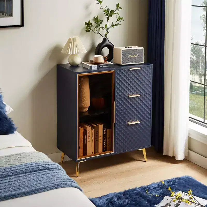 Modern Carved Storage Cabinet with Tempered Glass Door, Sideboard Cabinet with Adjustable Metal Feet, Buffet Cabinet for Living Room