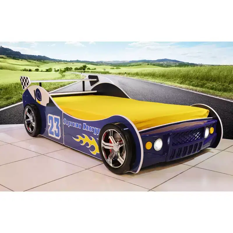 Twin Size Kids Floor Bed with LED Light, Car-Shaped Low Profile Bed Frame with Guardrail for Boys Girls, Mattress Not Included