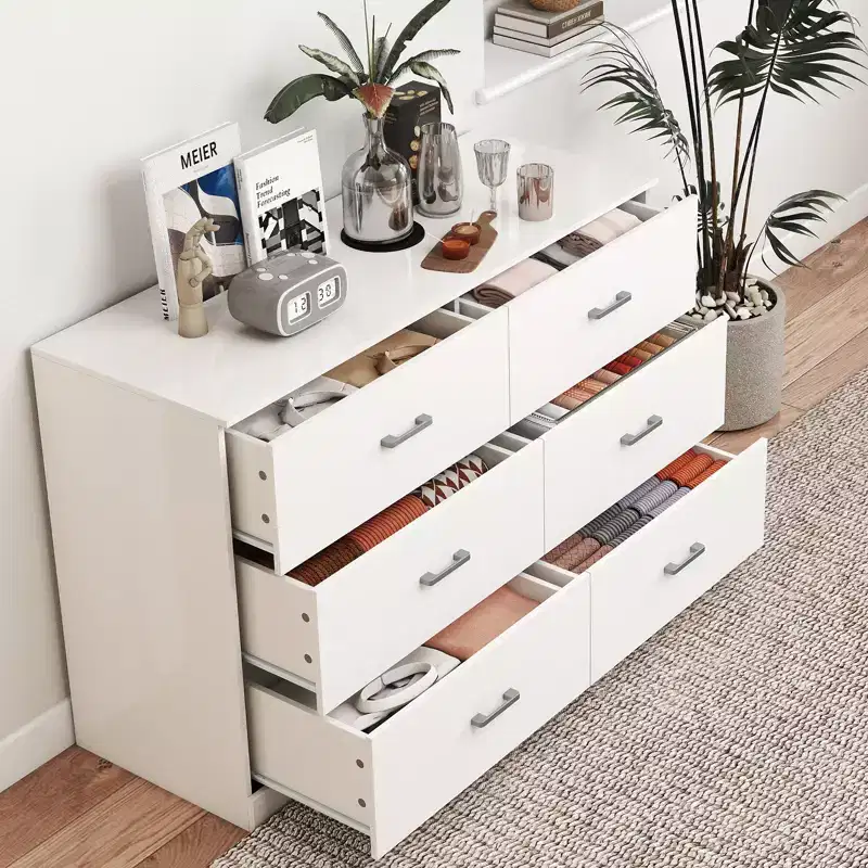 6 Drawer Dresser for Bedroom Modern Chest of Drawers with Metal Handles MDF Storage White