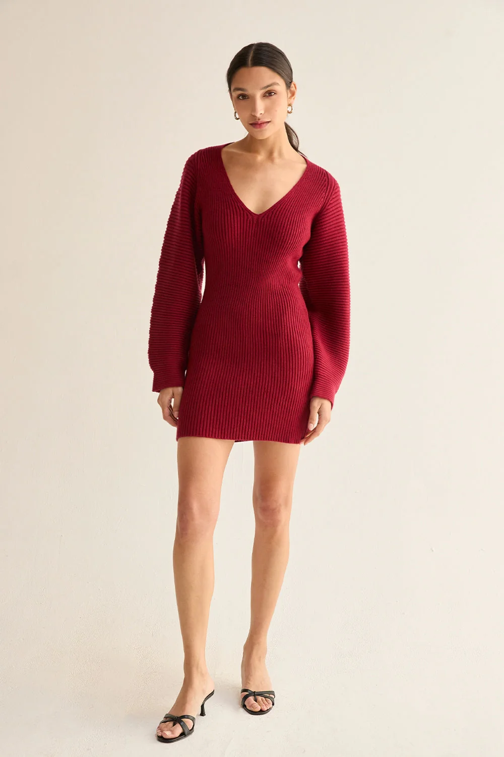 Hourglass Mini Sweater Dress with Balloon Sleeves V-Neckline