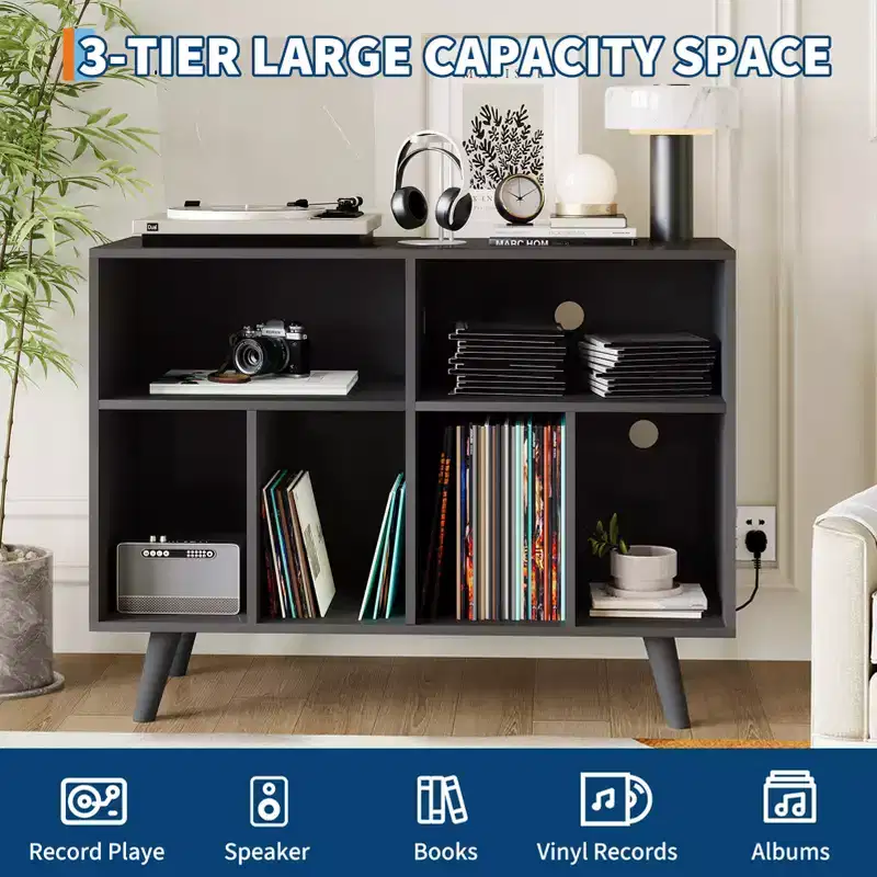 39.5 Record Player Stand with Charging Station, Holds 350+ Vinyls, Modern Wood Turntable Cabinet with Open Shelves, for Living Room/Office