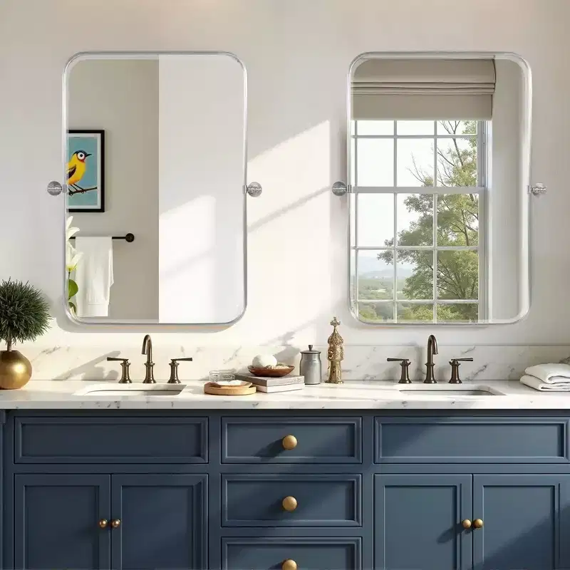 2 Pieces 31 In.H x 24 In.W Silver Iron Rounded Arched Hardware Hanging Mirror Frame Wall Mirror
