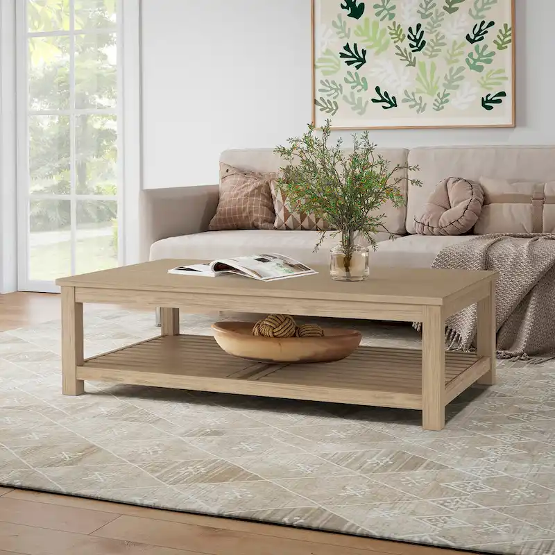 Solid Acacia Wood Coffee Table with Lower Shelf