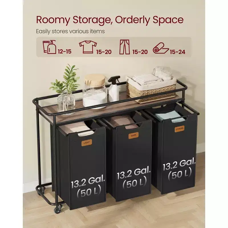 Laundry Sorter with Wheels, 39.6 Gal Rolling Cart with 3 Removable Liners & 6 Labels, Top Shelf for Detergent, Portable Hamper, Ink Black
