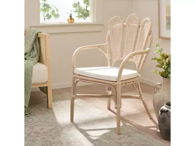Wood & Rattan Arm Chair with Cotton Cushion 21.2''W x 33''H White Wash