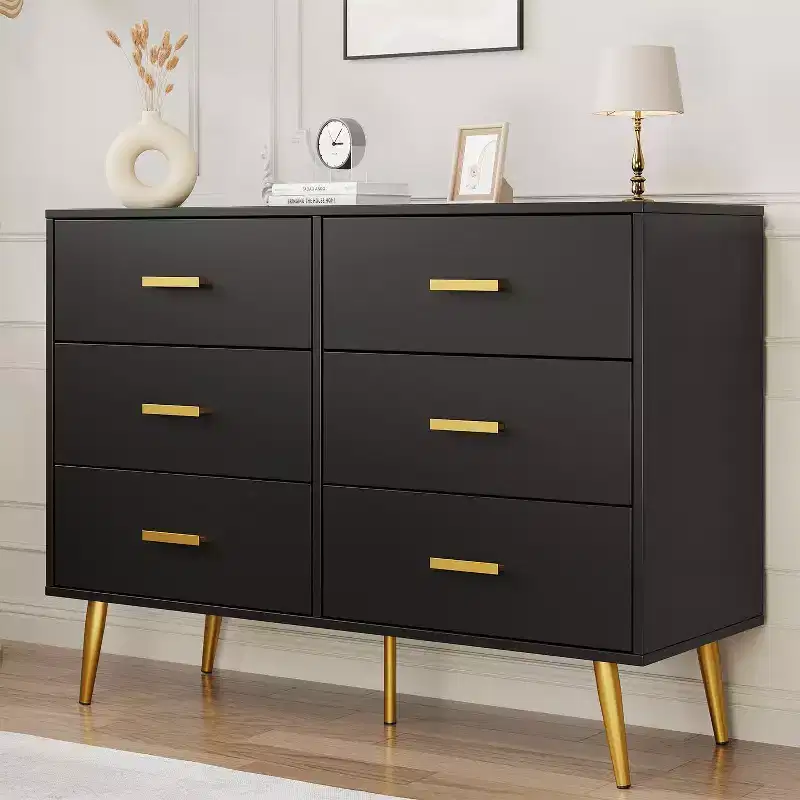 6 Drawer Dresser, Modern Wooden Dresser with Gold Handles and Storage Space, Chest of Drawers