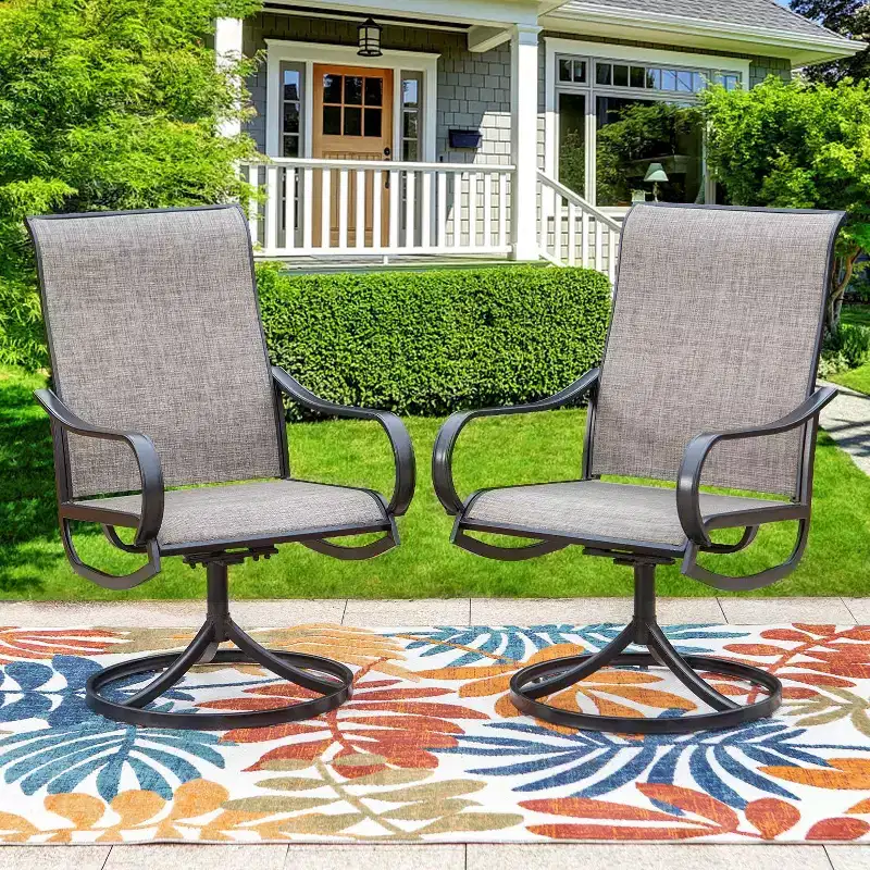 8pc Outdoor Dining Set with Metal Slat Top Table with Umbrella Hole & Swivel Chairs - Gray/Beige - Captiva Designs