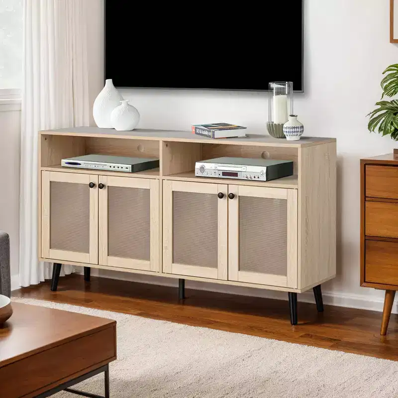 56-Inch Mid-Century Modern TV Stand, Entertainment Center with Open Shelving, Tapered Leg Design, Round Knob Cabinet Doors, Natural