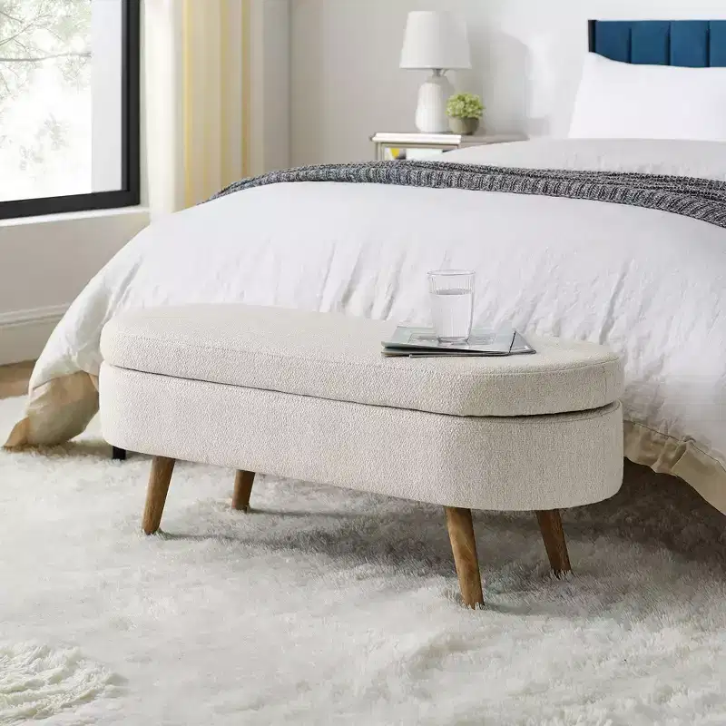 44 Modern Storage Bench with Linen Upholstered Oval Footstool End of Bed Bench with Wood Legs Entryway Bench for Bedroom, Living Room