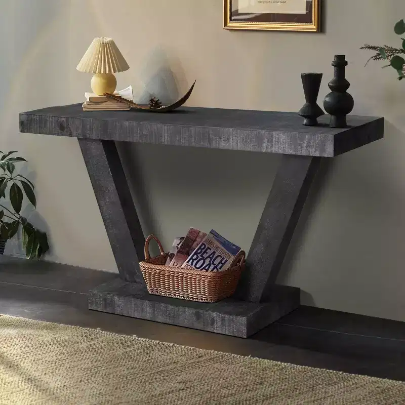 60 Rustic Entryway Console Table with Distressed Wood Top, Wide V-Leg Base for Hallway - Panipeachy