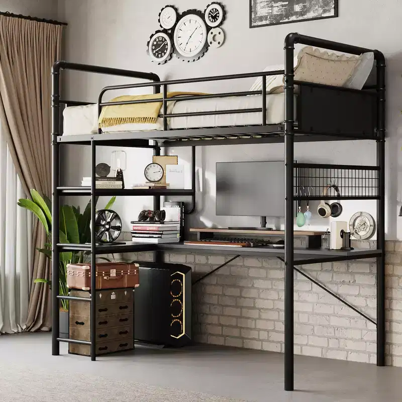Twin Metal Loft Bed with Desk and Shelves for Teens Adult, Loft Bed Frame with Built-in Ladders, Space-Saving, Safety Guard & Ladder, Noise Free