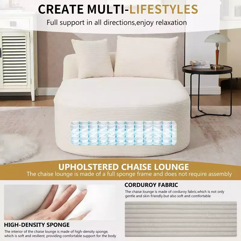 Modern Oversized Boneless Sleeper Sofa Chaise Lounge Chair, Corduroy Upholstered Couch for Living Room, Apartment