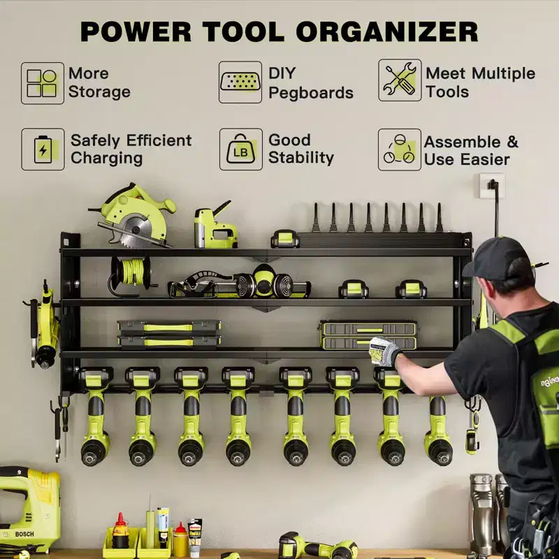 Hausource 4-Tier Power Tools Organizer Wall Mount Utility Storage Shelves, 8 Drill Holder, Red/Black/Yellow