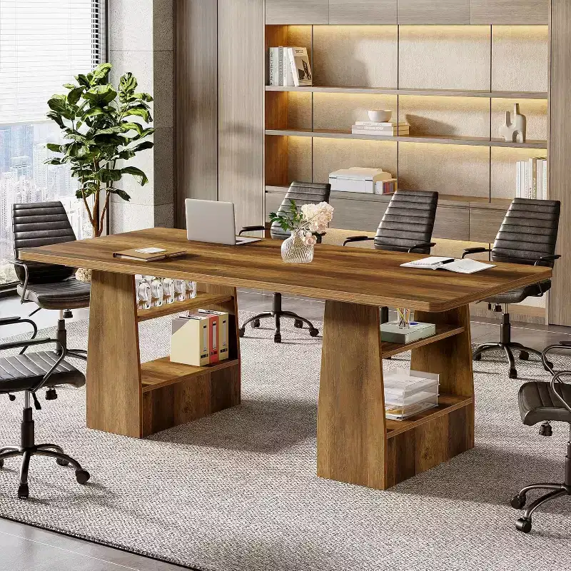 Lantine 63-inch Rectangular Conference Table with 4 Shelves, Sturdy Large Office Meeting Desk for 6-8 People, Brown.