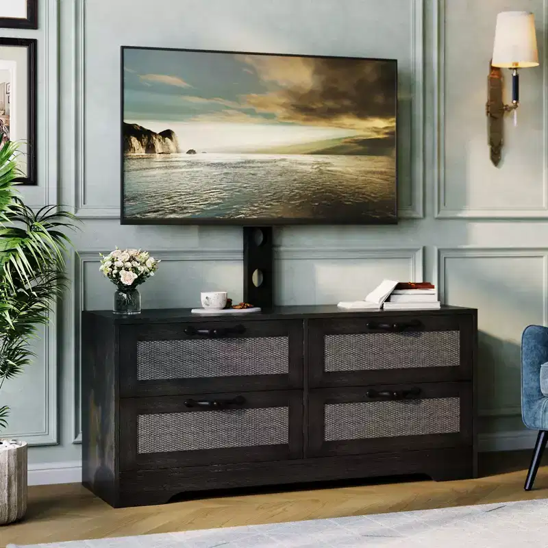 Rattan TV Stand with Mount  4-Drawer Dresser Entertainment Center for TVs up to 70 Inch, Farmhouse Wooden Media Console for Living Room & Bedroom